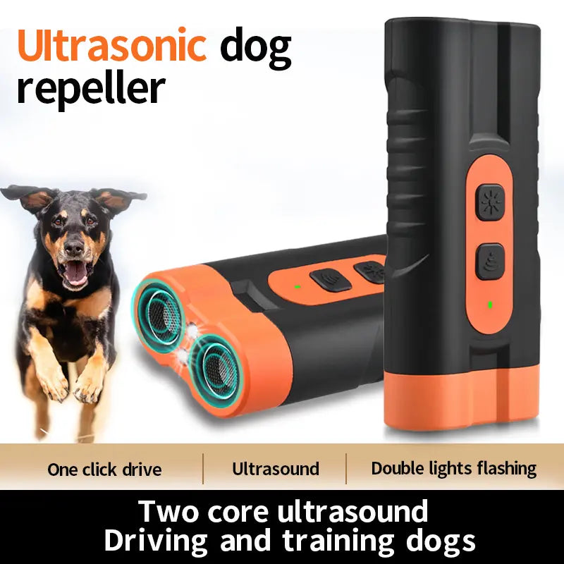 Rechargeable Ultrasonic Dog Training Aid - No-Shock Bark Control Deterrent with Dual Emitters, 50Ft Range, Flashlight, Indoor/Outdoor Use, Rechargeable Use