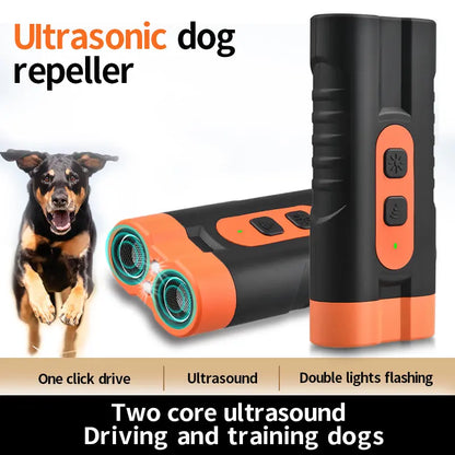 Rechargeable Ultrasonic Dog Training Aid - No-Shock Bark Control Deterrent with Dual Emitters, 50Ft Range, Flashlight, Indoor/Outdoor Use, Rechargeable Use