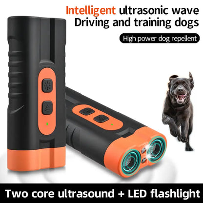 Rechargeable Ultrasonic Dog Training Aid - No-Shock Bark Control Deterrent with Dual Emitters, 50Ft Range, Flashlight, Indoor/Outdoor Use, Rechargeable Use