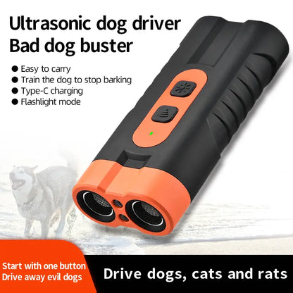 Rechargeable Ultrasonic Dog Training Aid - No-Shock Bark Control Deterrent with Dual Emitters, 50Ft Range, Flashlight, Indoor/Outdoor Use, Rechargeable Use