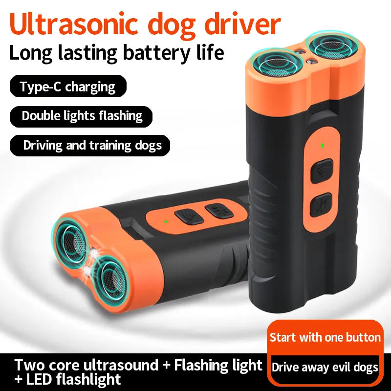 Rechargeable Ultrasonic Dog Training Aid - No-Shock Bark Control Deterrent with Dual Emitters, 50Ft Range, Flashlight, Indoor/Outdoor Use, Rechargeable Use
