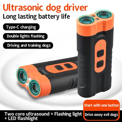Rechargeable Ultrasonic Dog Training Aid - No-Shock Bark Control Deterrent with Dual Emitters, 50Ft Range, Flashlight, Indoor/Outdoor Use, Rechargeable Use
