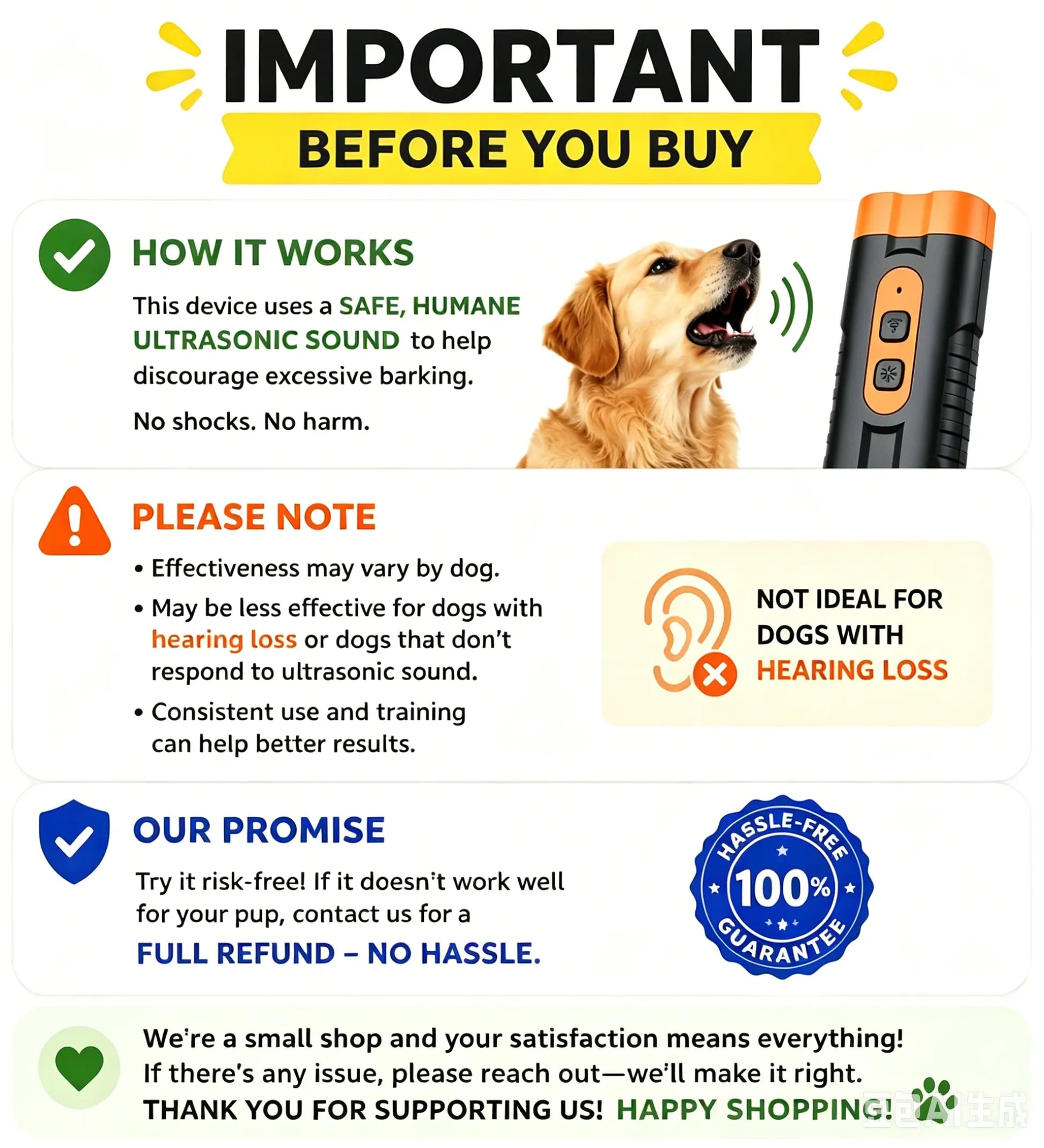 Rechargeable Ultrasonic Dog Training Aid - No-Shock Bark Control Deterrent with Dual Emitters, 50Ft Range, Flashlight, Indoor/Outdoor Use, Rechargeable Use
