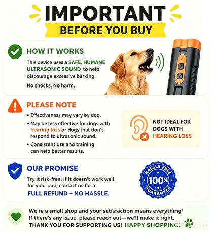 Rechargeable Ultrasonic Dog Training Aid - No-Shock Bark Control Deterrent with Dual Emitters, 50Ft Range, Flashlight, Indoor/Outdoor Use, Rechargeable Use
