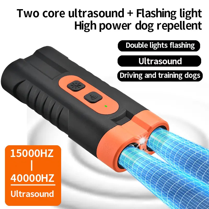 Rechargeable Ultrasonic Dog Training Aid - No-Shock Bark Control Deterrent with Dual Emitters, 50Ft Range, Flashlight, Indoor/Outdoor Use, Rechargeable Use