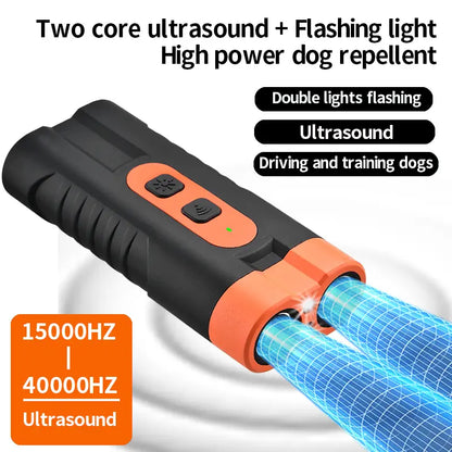 Rechargeable Ultrasonic Dog Training Aid - No-Shock Bark Control Deterrent with Dual Emitters, 50Ft Range, Flashlight, Indoor/Outdoor Use, Rechargeable Use